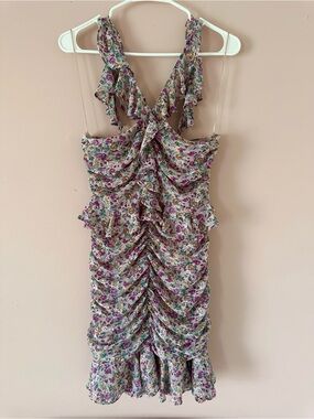 ASTR the Label Floral Ruffle Ruched V-Neck Purple Mini Dress